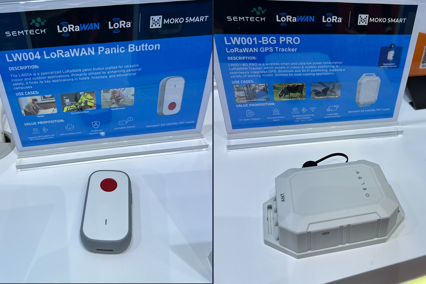 Moko Smart IoT devices: LW004 emergency panic button with red activation button (left) and LW001-BG PRO GPS tracker (right) with product information displays for advanced GPS tracking and multi-connectivity applications