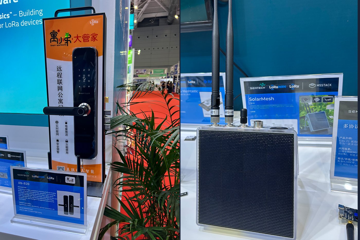 LoRa IoT device showcase featuring ANAN intelligent smart door lock with keypad interface and orange retail packaging (left) and M5Stack industrial-grade solar-powered LoRa solution with antenna and SolarMesh branding (right), both displayed with product specification screens showing Semtech, LoRaWAN, LoRa, and M5Stack branding for secure access control and smart factory applications