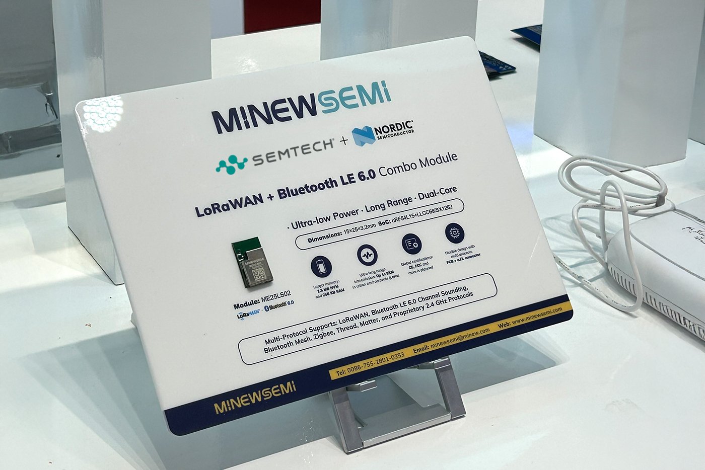 Minew Semi partner spotlight display featuring LoRaWAN + Bluetooth LE 6.0 combo module with Semtech and Nordic Semiconductor partnership branding, showcasing ultra-low power, long-range dual-core technology with technical specifications and small electronic module component for IoT applications