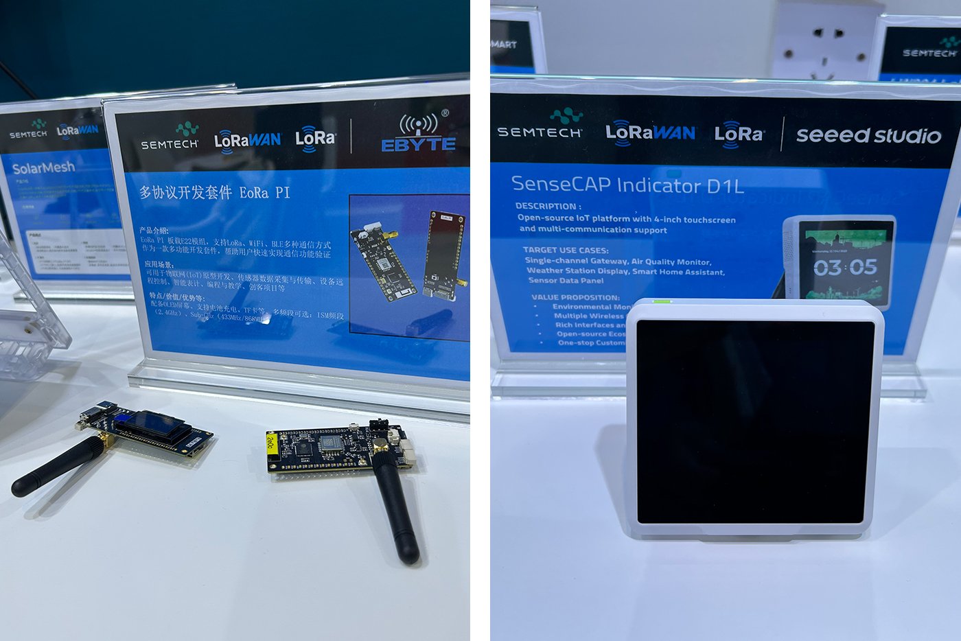 LoRa development hardware showcase featuring EBYTE mesh networking modules (left) and Seeed Studio SenseCAP Indicator D1L platform (right) with respective product information displays at Semtech booth