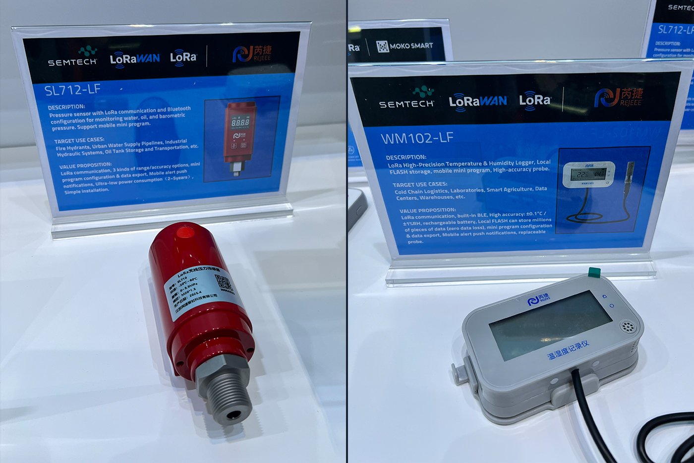 Rejeee environmental monitoring sensors: SL712-LF LoRa pressure sensor (red cylinder) and WM102-LF temperature/humidity logger (white device with display) with product information screens for precision IoT monitoring