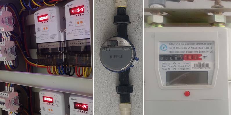 Alt text: Three-panel image showing different smart metering technologies in India: left panel displays multiple digital electric meters with colored wiring, center panel shows a Ripple water meter installed on a pipe, and right panel features an RLSG-013 LoRa Wireless Smart Gas Meter with digital display. These devices represent the IoT transformation of utility metering systems in India.