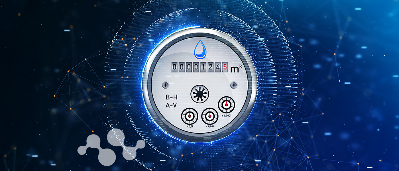Satellite-connected LoRaWAN water meter with digital display and orbital communication rings showing smart utility IoT technology.