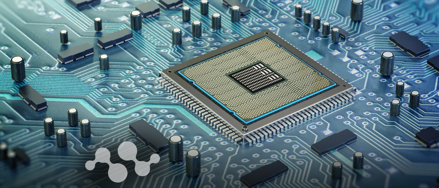 Central processing unit and semiconductor components on circuit board illustrating Semtech's 1990s diversification into commercial electronics and computing markets