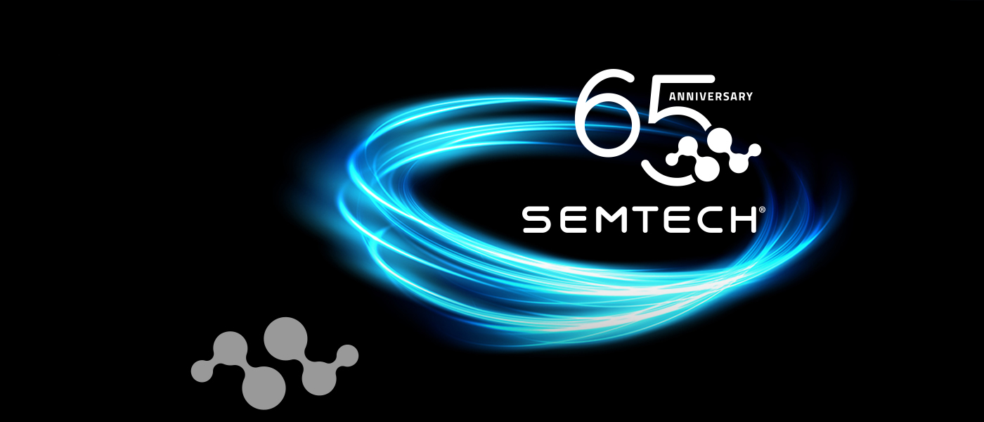 Semtech 65th Anniversary logo featuring swirling blue light effects on a black background, with the Semtech company logo and molecular diagram icons, celebrating six decades of technological innovation